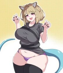 1girl animal_ear_fluff animal_ears arknights black_nails black_thighhighs breasts brown_hair cigaros claw_pose curvy highres large_breasts looking_at_viewer open_mouth panties pink_eyes plump smile solo tail thick_thighs thighhighs thighs underwear utage_(arknights)