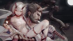 Rule 34 | 1boy, 1girl, absurdres, bare shoulders, beard, black hair, breasts, brown eyes, bug, butterfly, carrying, carrying person, choker, closed mouth, collarbone, commentary request, demon girl, demon horns, facial hair, feet out of frame, from side, full beard, full moon, hair between eyes, hand on another&#039;s forehead, highres, holding, holding sword, holding weapon, horns, insect, leg ribbon, looking to the side, mature male, midriff, moon, moonlight, night, night sky, nipples, old, old man, oni, open mouth, original, portrait, profile, red choker, ribbon, rope choker, shirt, short hair, sitting, sitting on person, skindentation, sky, small breasts, soleil (soleilmtfbwy03), sword, teeth, thigh ribbon, torn clothes, torn shirt, tree, weapon, white background, white butterfly