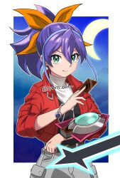 1girl bracelet card closed_mouth crescent_moon cropped_jacket duel_disk green_eyes hair_between_eyes highres holding holding_card jacket jewelry long_hair looking_at_viewer moon open_clothes open_jacket ponytail purple_hair red_jacket serena_(yu-gi-oh!) smile solo tomsss_lv twitter_username yu-gi-oh! yu-gi-oh!_arc-v