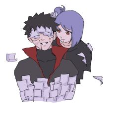 Rule 34 | 1boy, 1girl, aiqi09268547, black hair, flower, hair bun, hair flower, hair ornament, konan (naruto), labret piercing, looking at another, naruto (series), naruto shippuuden, paper, purple hair, scar, scar on face, short hair, sweatdrop, uchiha obito