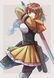 Rule 34 | 1girl, black corset, breasts, brown hair, corset, fire emblem, fire emblem engage, goldmary (fire emblem), hair ribbon, highres, hooded top, large breasts, long hair, low ponytail, nintendo, ponytail, ribbon, white ribbon, yellow eyes, yutohiroya