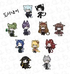 5boys 6+boys absurdres angela_(project_moon) animal_ears binah_(project_moon) black_coat black_dress black_eyes black_hair blonde_hair brown_coat brown_eyes brown_hair cat_ears cat_tail chesed_(project_moon) closed_mouth coat colored_inner_hair dress e.g.o_(project_moon) floppy_ears full_body gebura_(project_moon) green_eyes green_hair grey_hair hairband highres hod_(project_moon) hokma_(project_moon) jjong_(7_jjong_9) library_of_ruina long_hair malkuth_(project_moon) mimicry_(e.g.o) monocle multicolored_hair multiple_boys netzach_(project_moon) orange_hairband parted_bangs project_moon purple_coat red_hair red_hairband roland_(project_moon) smile tail tiphereth_a_(project_moon) yellow_coat yellow_eyes yesod_(project_moon)