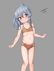 1girl absurdres aged_down bikini blue_eyes blue_hair brown_bikini dated flat_chest gotland_(kancolle) gotland_andra_(2021_swimsuit)_(kancolle) gotland_andra_(kancolle) grey_background highres kantai_collection long_hair maru_(marg0613) mole mole_under_eye navel one-hour_drawing_challenge ponytail simple_background solo swimsuit twitter_username