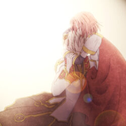 Rule 34 | 1boy, 1girl, backlighting, blonde hair, boobplate, breastplate, brown coat, cape, closed eyes, closed mouth, coat, commentary request, cowboy shot, dated commentary, gold trim, hair over eyes, head hug, high priest (ragnarok online), hug, lens flare, long sleeves, lord knight (ragnarok online), multicolored coat, open mouth, pink hair, ragnarok online, red cape, red coat, sharari, short hair, simple background, two-tone coat, white background, white coat