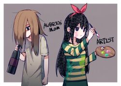 2girls :&lt; alternate_eye_color arm_at_side artist_(omori) aubrey&#039;s_mother_(omori) back-to-back bags_under_eyes black_eyes black_hair bottle bow_hairband breasts bright_pupils brown_hair character_name clenched_hand closed_mouth commentary_request double-parted_bangs dress empty_eyes fingernails green_shirt grey_background grey_dress hair_between_eyes hair_over_one_eye hairband hatching_(texture) highres holding holding_bottle holding_paint_palette holding_paintbrush long_hair long_sleeves multiple_girls no_mouth no_pupils omori paint_on_clothes paint_palette paintbrush red_hairband shirt short_sleeves simple_background small_breasts straight_hair striped_clothes striped_shirt two-tone_shirt upper_body v-shaped_eyebrows white_pupils yellow_shirt yutsu