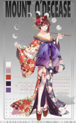 Rule 34 | 1girl, alternate costume, alternate hairstyle, beimangxue asius, blue eyes, breasts, brown hair, character name, cleavage, collarbone, color guide, english text, floral print, flower, full body, geisha, geta, grey background, hair bun, hair flower, hair ornament, hair stick, highres, holding, holding smoking pipe, japanese clothes, kanzashi, kimono, kiseru, long sleeves, looking at viewer, makeup, mutsu (warship girls r), off shoulder, oiran, platform clogs, platform footwear, platform sandals, sandals, smile, smoking pipe, solo, standing, thighhighs, warship girls r, white thighhighs, wide sleeves