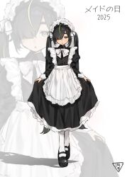 1girl absurdres apron arms_at_sides artist_logo black_dress black_hair black_shirt black_shoes black_skirt blunt_bangs blush bow bowtie buttons clothes_lift collared_shirt commentary_request dot_nose dress frilled_apron frilled_dress frilled_skirt frills full_body green_eyes green_hair hair_bow hair_over_one_eye half-closed_eyes highres juliet_sleeves kneehighs lace lace-trimmed_apron lace-trimmed_dress lace_trim logo long_eyelashes long_hair long_skirt long_sleeves looking_at_viewer maid maid_apron maid_headdress mary_janes multicolored_hair multiple_hair_bows original parted_bangs parted_lips platform_shoes puffy_sleeves shadow shirt shoes sidelocks skirt skirt_lift socks solo standing streaked_hair thick_eyebrows thick_eyelashes timestamp translation_request tri51 triangle_mouth twintails two-tone_dress two-tone_hair very_long_hair waist_apron walking white_apron white_background white_bow white_bowtie white_dress white_sleeve_cuffs white_socks zoom_layer