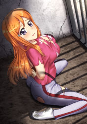 1girl arms_behind_back arms_tied_behind bdsm bleach blush bondage bound bra breasts captured cell dirty dirty_clothes dirty_hands dirty_socks female_focus grey_eyes hair_ornament hairpin helpless imminent_rape inoue_orihime large_breasts long_hair looking_at_viewer momoisaki orange_hair pink_shirt prison rope scared sex_slave shirt slave slavery socks solo torn_clothes torn_shirt underwear wide-eyed wrist_cuffs