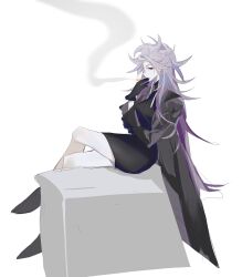 1girl absurdres black_coat black_dress black_gloves black_shoes c8h11o2n chinese_commentary cigarette coat commentary_request dress genderswap genderswap_(mtf) gloves highres holding holding_cigarette lapels long_hair long_sleeves notched_lapels open_clothes open_coat purple_hair red_eyes saibou_shinkyoku shoes short_dress sitting smoke smoking solo theodore_riddle turtleneck turtleneck_dress very_long_hair