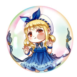 1girl :t absurdres annoyed back_bow bare_shoulders beret blonde_hair blue_bow blue_bowtie blue_brooch blue_dress blue_sleeves blue_wrist_cuffs bow bowtie brown_eyes bubble bubble_print bubbly_voyage_(infinity_nikki) buttons cheek_squash chibi chinese_commentary closed_mouth collared_dress commentary_request detached_sleeves dot_nose dress eyelashes frilled_dress frilled_sleeves frilled_wrist_cuffs frills hair_rings hat hat_bow highres in_bubble infinity_nikki kneeling light_blush medium_dress nikki_(nikki) nikki_(series) pout qingniaoyi short_hair_with_long_locks short_sleeves sidelocks simple_background solo star_(symbol) strapless strapless_dress striped_bow striped_clothes striped_dress tareme vertical-striped_clothes vertical-striped_dress wavy_hair white_background white_hat wrist_cuffs