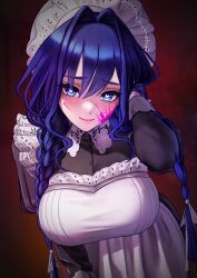 1girl absurdres apron black_dress blood blood_on_face blue_eyes blue_hair braid breasts dress empire_waist frilled_apron frilled_hat frills hair_intakes hair_over_shoulder hat highres hololive hololive_english juliet_sleeves large_breasts lazik_1337 long_hair long_sleeves looking_at_viewer low_twin_braids maid maid_apron mob_cap official_alternate_costume official_alternate_hairstyle ouro_kronii ouro_kronii_(maid) puffy_sleeves puritan_collar simple_background solo twin_braids victorian_maid virtual_youtuber white_apron white_hat yandere