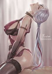 1boy 1girl arlecchino_(genshin_impact) artist_name black_bra black_choker black_eyes black_garter_belt black_hair black_hands black_thighhighs bra breasts choker clothed_female_nude_male colored_extremities commentary covered_erect_nipples english_commentary firolian from_side garter_belt genshin_impact grey_hair gumroad_username hair_between_eyes head_back hetero highres large_breasts lingerie long_hair looking_at_viewer multicolored_hair nude patreon_username red_hair red_pupils reverse_cowgirl_position sex smile straddling streaked_hair symbol-shaped_pupils thighhighs underwear x-shaped_pupils