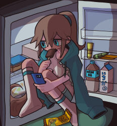 1girl aqua_hoodie blue_shorts bottle candy cellphone character_name food food_in_mouth grey_hair hair_between_eyes highres holding holding_food holding_phone holding_popsicle hood hoodie ichika-chan_(iiiichimaru_03) iiiichimaru_03 in_container in_refrigerator long_hair looking_to_the_side milk_bottle open_clothes open_hoodie original phone ponytail popsicle popsicle_in_mouth refrigerator refrigerator_interior shirt shorts sidelocks sitting smartphone socks soda_bottle white_shirt white_socks