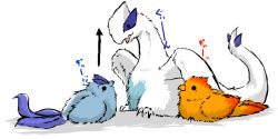 arrow_(symbol) articuno bird commentary_request creatures_(company) eye_contact game_freak gen_1_pokemon gen_2_pokemon legendary_pokemon looking_at_another looking_up lugia lying moltres nintendo no_humans on_stomach pokemon pokemon_(creature) sabatora_(flippy) tail talons translation_request