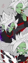 1boy black_bodysuit blood blood_on_face blood_on_hands bodysuit colored_skin coughing coughing_blood curious dragon_ball dragon_ball_super earrings fused_zamasu green_skin grey_eyes injury jewelry long_sleeves multiple_views pointy_ears potara_earrings purple_blood spiked_hair surprised sweat unusual_blood_color v621 white_blood white_hair