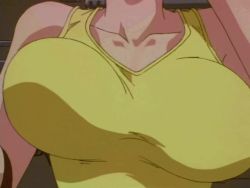 1990s_(style) 1girl animated animated_gif bouncing_breasts breasts burn-up burn-up_excess collarbone female_focus head_out_of_frame jinguu_maya large_breasts no_bra retro_artstyle solo bouncing_breasts tank_top