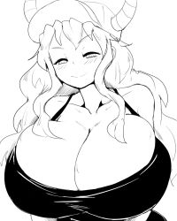 1girl baseball_cap blush breasts cleavage collarbone dragon_girl dragon_horns hat highres horns huge_breasts kobayashi-san_chi_no_maidragon long_hair looking_at_viewer monochrome lucoa_(maidragon) sketch smile solo tank_top thecon white_background