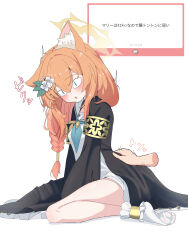 &lt;|&gt;_&lt;|&gt; 1girl 1other ^^^ absurdres animal_ear_fluff animal_ears ankle_garter anklet armlet between_legs black_dress blue_archive blue_eyes blue_neckerchief blush braid brooch cat_ears cat_girl chestnut_mouth commentary_request disembodied_hand double-parted_bangs dress embarrassed flower hair_between_eyes hair_flower hair_ornament halo hand_between_legs hand_on_another&#039;s_hip hands_on_ground head_tilt highres jewelry long_hair long_sleeves looking_down low-braided_long_hair low-tied_long_hair mari_(blue_archive) marshmallow_(site) motion_lines neckerchief no_headwear no_shoes on_floor open_mouth orange_hair puffy_long_sleeves puffy_sleeves raised_eyebrows request_inset sailor_collar simple_background single_bare_leg single_braid sitting slit_pupils socks solo_focus sound_effect_request sound_effects surprised thighs translation_request turning_head warabi_mochi_(w4rabimochi) wariza white_background white_dress white_flower white_sailor_collar white_socks yellow_halo