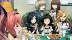 2boys 5girls :o akiha_rumiho amane_suzuha animal_ear_hairband animal_ears belt beret bike_shorts black_bow black_hair black_pantyhose black_ribbon black_sash black_shirt black_shorts black_trim blonde_hair blue_dress blue_jacket blush bob_cut bow bracelet braid breast_pocket breasts brown_dress brown_hair brown_jacket buttons casual cat_ears chest_bow chicken_(food) chips_(food) choker closed_eyes collar collarbone collared_shirt cup disposable_cup dress drill_hair eating facing_to_the_side facing_viewer fake_animal_ears fat fat_man food fork fried_chicken frilled_collar frills future_gadget_lab game_cg glasses goth_fashion green_shirt hair_between_eyes hair_ornament hair_over_shoulder hair_tie hairband hairclip hashida_itaru hat high_collar highres holding holding_cup holding_fork huke indoors jacket jacket_partially_removed jewelry jitome kiryuu_moeka kneeling leather_belt light_blush long_hair long_sleeves looking_at_another makise_kurisu medium_breasts medium_hair mountain_dew multiple_boys multiple_girls necktie non-web_source official_art open_mouth own_hands_clasped own_hands_together pantyhose pink_eyes pink_frills pink_hair pink_lips pocket puffy_short_sleeves puffy_sleeves purple_eyes purple_trim red_necktie ribbon ribbon_choker ringed_eyes sash shiina_mayuri shiny_lips shirt short_sleeves shorts skirt skull_hair_ornament sleeve_slit small_breasts square_pupils steins;gate steins;gate:_my_darling&#039;s_embrace tank_top tareme teeth tongue track_jacket trap tsurime twin_braids twin_drills twintails upper_teeth_only urushibara_ruka waist_sash white_belt white_ribbon white_shirt yellow_eyes yellow_hat zipper zipper_pull_tab