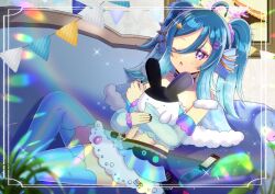1girl ahoge black_nails blue_hair blue_sleeves blue_thighhighs cellphone chestnut_mouth commentary_request commission copyright_request couch detached_sleeves fins flip_phone frills groin hair_between_eyes hair_ornament hairclip head_fins hugging_object kou_hiyoyo long_sleeves looking_at_viewer nail_polish navel navel_piercing on_couch one_eye_closed parted_lips pennant phone piercing puffy_long_sleeves puffy_sleeves purple_eyes see-through_clothes see-through_sleeves skeb_commission solo string_of_flags thighhighs twintails virtual_youtuber