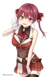 1girl :d artist_name belt black_thighhighs blush breasts brown_belt commentary_request covered_navel cropped_jacket hair_ribbon heterochromia highres hololive houshou_marine houshou_marine_(1st_costume) jacket large_breasts looking_at_viewer open_mouth red_eyes red_hair red_jacket red_skirt ribbon setu_kurokawa simple_background skirt sleeveless sleeveless_jacket smile solo standing teeth thighhighs thighs tongue twintails twitter_username upper_teeth_only virtual_youtuber watermark waving white_background yellow_eyes
