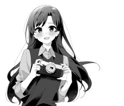 1girl absurdres blush camera collared_shirt floating_hair greyscale highres holding holding_camera idolmaster idolmaster_(classic) kisaragi_chihaya long_hair long_sleeves looking_at_viewer monochrome nozawa_noko open_mouth shirt simple_background smile solo upper_body vest white_background