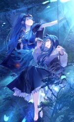 2girls absurdres animal_ears animal_on_arm arknights astesia_(arknights) astgenne_(arknights) barefoot bird bird_ears bird_on_arm black_cape black_corset black_gloves black_skirt blue_eyes blue_hair blue_theme cape closed_mouth corset diamond-shaped_pupils diamond_(shape) dress feather_hair full_body gloves goggles goggles_on_head highres holding liliyfox long_hair long_sleeves monocular multiple_girls on_swing open_mouth ponytail rhine_lab_logo shirt siblings sisters skirt swing symbol-shaped_pupils tree white_dress white_shirt