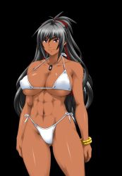 1girl abs bikini black_background black_hair bracelet breasts cowboy_shot dark-skinned_female dark_skin dog_tags female_focus gentle_sasaki huge_breasts jewelry kansen_5-the_daybreak solo swimsuit tachi-e