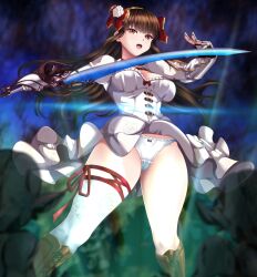 Rule 34 | 1girl, aoki kakumei no valkyria, boots, bow, bow panties, breasts, brown eyes, brown hair, cleavage, dress, flower, gauntlets, hair flower, hair ornament, highres, holding, holding weapon, knee boots, lace-up boots, large breasts, long hair, looking at viewer, m.i.y, open mouth, ophelia (aoki kakumei no valkyria), ophelia augusta af jutland, panties, ribbon, senjou no valkyria (series), skirt, solo, sword, thighhighs, thighs, underwear, valkyria: azure revolution, weapon, white dress, white panties, white underwear