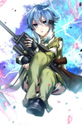 Rule 34 | 1girl, anti-materiel rifle, black gloves, blue eyes, blue hair, bolt action, fingerless gloves, full body, gloves, green leggings, gun, hair between eyes, hair ornament, hairclip, holding, holding gun, holding weapon, leggings, long sleeves, looking at viewer, mady (madine08260), parted lips, pgm hecate ii, rifle, scarf, short hair, sinon, sitting, sniper rifle, solo, sword art online, weapon, white scarf