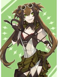 1girl black_collar black_dress black_gloves black_thighhighs border braid braided_bun breasts brown-tinted_eyewear brown_hair cleavage clothing_cutout collar collarbone cowboy_shot double_bun dress eyewear_on_head fingerless_gloves gen_8_pokemon gloves green_background green_eyes green_sash hair_between_eyes hair_bun highres holding holding_whip jacket lollypopcandy8050 looking_at_viewer multicolored_hair nintendo outside_border parted_lips personification pillarboxed pokedex_number pokemon pouch round_eyewear sandaconda sash short-sleeved_jacket short_dress short_eyebrows short_sleeves shoulder_cutout sidelocks small_breasts smirk solo standing strapless strapless_dress streaked_hair supportasse thigh_pouch thighhighs tinted_eyewear v-shaped_eyebrows white_border white_jacket zipper_pull_tab