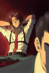 Rule 34 | 2boys, arms behind head, black hair, black pants, brown hair, collared shirt, dark-skinned male, dark skin, heathcliff (project moon), highres, killerohan, limbus company, long hair, long sleeves, looking at another, looking at viewer, male focus, meursault (project moon), multiple boys, one eye closed, pants, project moon, purple eyes, red background, scar, shirt, short hair, simple background, sitting, solo focus, white shirt