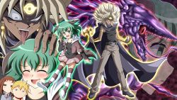 =_= alibaba_saluja animal_ears armband aura blonde_hair boku_no_hero_academia brown_hair cape character_request commentary_request crazy_eyes crazy_smile crossover dark-skinned_male dark_skin dog_ears dog_tail earrings facial_mark forehead_mark green_eyes green_hair highres jewelry kasodani_kyouko licking magi_the_labyrinth_of_magic millennium_rod miniskirt multiple_crossover necktie ohoho red_necktie school_uniform skirt smile spiked_hair striped_clothes striped_thighhighs tail thighhighs tongue tongue_out touhou uraraka_ochako yami_marik yu-gi-oh! yu-gi-oh!_duel_monsters