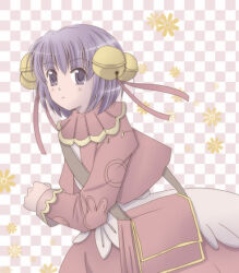 1girl bell brown_bag brown_jacket brown_skirt checkered_background closed_mouth commentary_request cowboy_shot dated_commentary expressionless hair_bell hair_ornament jacket jingle_bell long_sleeves looking_at_viewer merchant_(ragnarok_online) pink_background purple_eyes purple_hair ragnarok_online sharari shirt short_hair skirt solo white_background white_shirt