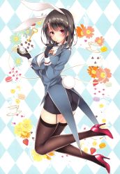 Rule 34 | 1girl, absurdres, alice&#039;s adventures in wonderland, animal ears, argyle background, argyle clothes, ayase hazuki, black gloves, black hair, black skirt, black thighhighs, blush, breasts, buttons, cosplay, cup, detached sleeves, female focus, food, frills, fruit, full body, garter belt, gloves, high heels, highres, holding, kantai collection, long sleeves, medium breasts, medium hair, pencil skirt, pocket watch, rabbit ears, rabbit tail, red eyes, red footwear, shiny skin, skirt, solo, strawberry, tail, takao (kancolle), teacup, thighhighs, watch, white rabbit (alice in wonderland), white rabbit (cosplay), zettai ryouiki
