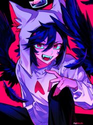 Rule 34 | 1boy, :d, animal hat, arm at side, art trade, artist name, black pants, black wings, blue hair, cat hat, commentary, crown, double-parted bangs, english commentary, fangs, feathered wings, feet out of frame, fingernails, floating crown, hair between eyes, halftone, hand on own knee, hand up, hat, heart, highres, knee up, long sleeves, looking at viewer, male focus, mini crown, open mouth, original, pants, par0llel, puffy long sleeves, puffy sleeves, red background, red eyes, simple background, slit pupils, smile, solo, sweater, swept bangs, teeth, tongue, turtleneck, turtleneck sweater, upturned eyes, white hat, white sweater, wings