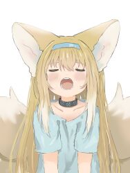 1girl absurdres animal_ears arknights blonde_hair blue_hairband blue_shirt blush closed_eyes collar collarbone facing_viewer flower fox_ears fox_girl hairband highres huge_ears long_hair loose_clothes loose_shirt messy_hair multiple_tails open_mouth shirt simple_background suzuran_(arknights) tail teeth upper_body white_background xiyuexue204296