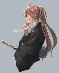 1boy 294_mori absurdres black_kimono closed_mouth commentary_request cropped_torso cross_scar facial_scar from_side grey_background hand_on_own_chin high_ponytail highres himura_kenshin japanese_clothes katana kimono long_hair long_sleeves male_focus orange_hair ponytail profile rurouni_kenshin scar scar_on_cheek scar_on_face sheath sheathed simple_background solo sword twitter_username upper_body weapon