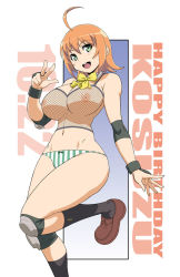 Rule 34 | 10s, 1girl, ahoge, birthday, breasts, female focus, fishnets, green eyes, haganemaru kennosuke, kosuzu (senran kagura), large breasts, looking at viewer, nipples, orange hair, panties, senran kagura, senran kagura new wave, smile, solo, underwear
