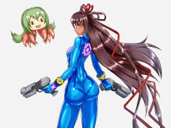 1girl absurdres aishuu_hebiko ass blue_bodysuit bodysuit breasts brown_hair chibi cosplay costume_switch curvy dark-skinned_female dark_skin gun hair_ribbon highres holding holding_gun holding_weapon long_hair long_twintails looking_back metroid metroid_(creature) metroid_(creature)_(cosplay) mizuki_yukikaze neon_lights nintendo nintendo_switch octopus_girl ribbon sachisuki_gyoko shiny_clothes shiny_skin small_breasts smile standing taimanin_(series) taimanin_rpgx taimanin_yukikaze twintails two-tone_bodysuit two_side_up very_long_hair weapon white_background wide_hips zero_suit