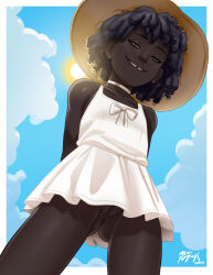 1girl absurdres andava black_hair blue_sky brown_eyes brown_hat choker cloud dark-skinned_female dark_skin day dreadlocks dress from_below hat highres original outdoors pussy short_dress short_hair sky sleeveless sleeveless_dress solo sundress taniyah_(andava) tooth_gap very_dark_skin white_choker white_dress