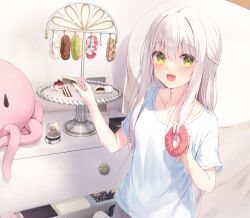 1girl :d absurdres chest_of_drawers collarbone commentary_request green_eyes grey_shorts hair_between_eyes hair_ornament hair_scrunchie hands_up highres holding indoors long_hair looking_at_viewer open_mouth original scrunchie shirt short_sleeves shorts smile solo tsuchikure very_long_hair white_hair white_shirt