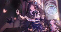 2girls absurdres arcaea arm_at_side arm_cutout bird black_bird black_bow black_bowtie black_capelet black_hair black_ribbon black_skirt blue_eyes blue_flower blue_rose bow bowtie breasts bug butterfly capelet center_frills chinese_commentary closed_mouth commentary_request corset crow flower frills glass_shards hair_flower hair_intakes hair_ornament hair_over_one_eye hair_ribbon hat highres hikari_(arcaea) hikari_(fracture)_(arcaea) indoors insect long_hair long_sleeves looking_at_another multiple_girls muonrei00 one_eye_covered orange_butterfly pink_flower pink_rose red_hat ribbon rose shirt skirt stained_glass standing tairitsu_(arcaea) tairitsu_(grievous_lady)_(arcaea) very_long_hair white_hair white_shirt window yellow_butterfly