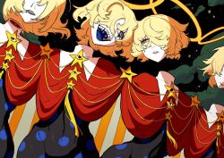 4girls black_background black_bodysuit blonde_hair blue_eyes blue_tongue bodysuit cloud colored_tongue hair_over_one_eye halo looking_at_another momomo_906 multicolored_eyes multiple_girls original ringed_eyes sharp_teeth short_hair teeth upper_body yellow_eyes
