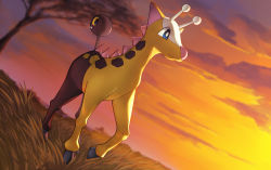 blue_eyes bright_pupils closed_mouth cloud commentary_request gen_2_pokemon girafarig grass naoki_eguchi nintendo no_humans outdoors pokemon pokemon_(creature) sky smile solo standing tree twilight white_pupils