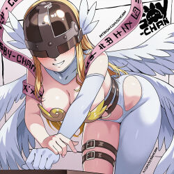 1girl angewomon artist_name bare_shoulders bent_over blonde_hair blush bodysuit boobplate breastplate breasts cleavage clothing_cutout covered_eyes cowboy_shot digimoji digimon elbow_gloves gloves helmet helmet_over_eyes hip_vent long_hair mixed-language_commentary parted_lips pink_ribbon ribbon simple_background single_glove smile solo soyiamchan stomach_cutout white_background white_bodysuit white_gloves