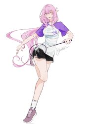 1girl alternate_costume black_shorts blue_eyes breasts dolphin_shorts elf elysia_(honkai_impact) highres holding_tennis_racket honkai_(series) honkai_impact_3rd keikeiis long_hair medium_breasts one_eye_closed pink_hair pointy_ears purple_shirt purple_shoes shirt shoes shorts signet_of_ego simple_background socks solo twitter_username two-tone_shirt very_long_hair white_background white_shirt white_socks