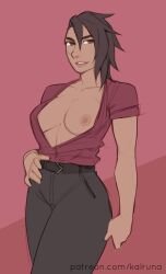 1girl amaya_(the_dragon_prince) black_hair black_pants breasts breasts_out kalruna pants red_shirt shirt solo the_dragon_prince