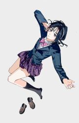1girl absurdres alien_stage black_socks blazer blue_jacket bow bowtie brown_shoes chinese_commentary cidao84194 collared_shirt commentary hair_ornament hairband hairclip highres jacket loafers long_sleeves no_shoes official_alternate_costume parted_lips pink_bow pink_bowtie purple_skirt school_uniform shirt shoes short_hair simple_background skirt socks solo sua_(alien_stage) unworn_shoes white_background white_hairband white_shirt