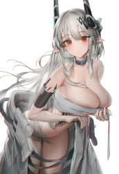 1girl 9am9i absurdres arknights bare_shoulders black_collar black_horns blush bottomless breasts chest_sarashi cleavage collar collarbone commentary_request demon_girl demon_horns grey_hair highres horns infection_monitor_(arknights) large_breasts long_hair looking_at_viewer material_growth mudrock_(arknights) navel open_jumpsuit oripathy_lesion_(arknights) pointy_ears red_eyes sarashi simple_background solo stomach thighs undone_sarashi white_background